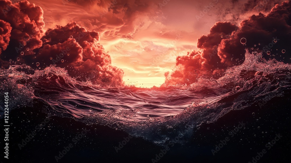 Fototapeta premium Ocean waves glowing with oxygen bubbles, marine air and health, 3D illustration