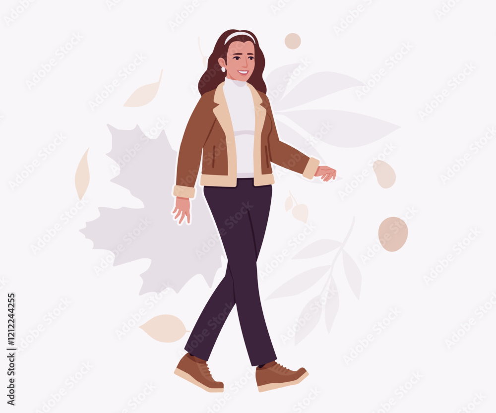Woman wearing shearling warm coat jacket walking, go pose. Cold winter comfort, fall season attractive lady city daily life. Vector flat style cartoon illustration, autumn leaves creative background Woman wearing shearling warm coat jacket walking, go pose. Cold winter comfort, fall season attractive lady city daily life. Vector flat style cartoon illustration, autumn leaves creative background
