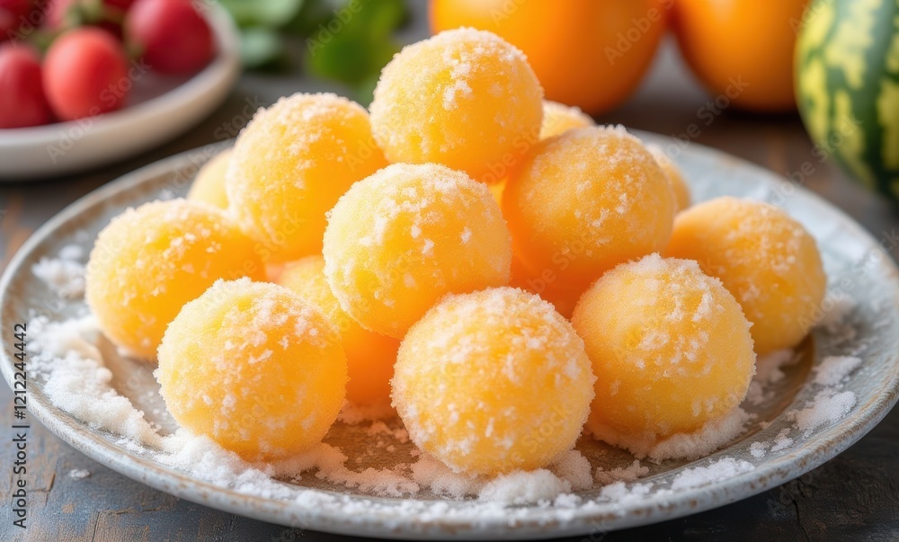 Delicious melon balls with sugar coating Delicious melon balls with sugar coating