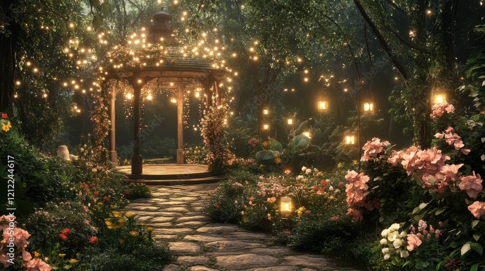 Fototapeta premium Enchanting Garden Pathway with Twinkling Lights, Serene Nature Setting, Digital Art, Magical Atmosphere, Dreamy Perspective