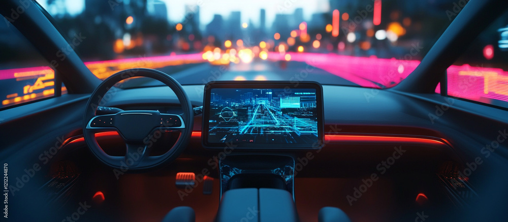 Modern car interior with abstract futuristic digital screen Modern car interior with abstract futuristic digital screen