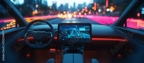 Modern car interior with abstract futuristic digital screen