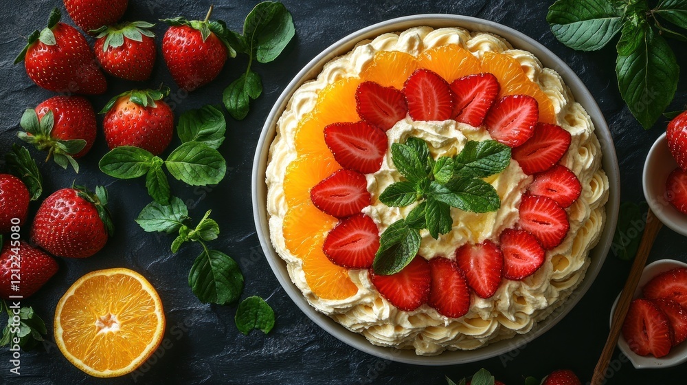 Strawberry Orange Cream Cake, overhead, dark background, dessert recipe Strawberry Orange Cream Cake, overhead, dark background, dessert recipe