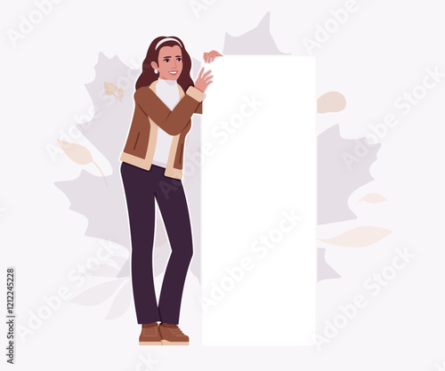 Woman wearing shearling warm coat jacket empty adv banner lean. Cold winter comfort, fall season attractive lady city life. Vector flat style cartoon illustration, autumn leaves creative background