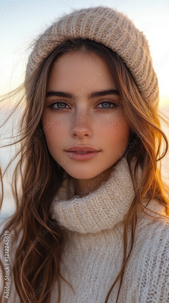 A young woman is standing by the ocean at sunset, wearing a cozy sweater and a beanie. The soft sunlight beautifully reflects on her skin A young woman is standing by the ocean at sunset, wearing a cozy sweater and a beanie. The soft sunlight beautifully reflects on her skin