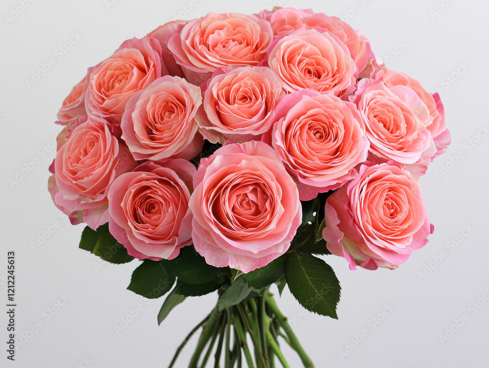 Fototapeta premium Elegant bouquet of pastel pink roses with lush green leaves