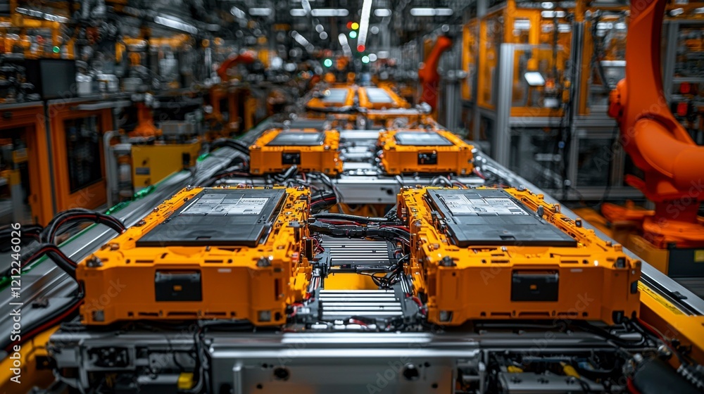 A detailed view of a lithium-ion battery production line, showcasing automated machinery, assembly robots, and quality control systems for mass production of batteries. A detailed view of a lithium-ion battery production line, showcasing automated machinery, assembly robots, and quality control systems for mass production of batteries.