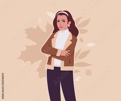 Woman wearing shearling warm coat jacket crossed arms pose. Cold winter comfort, fall season attractive lady city daily life. Vector flat style cartoon illustration, autumn leaves creative background