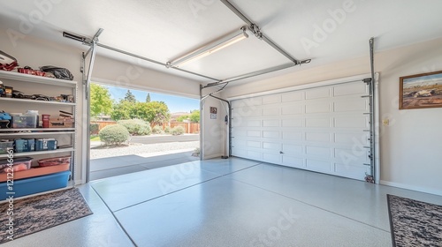 Spacious garage interior with open doors  showing a well-organized storage system and a view of a backyard.