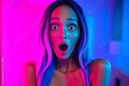 Gorgeous very shocked mixed-race girl - for ads, advertisement and digital use. Long haircut - beach waves hair. Commercial ad creative. Vibrant colored hair trends advertising. photo