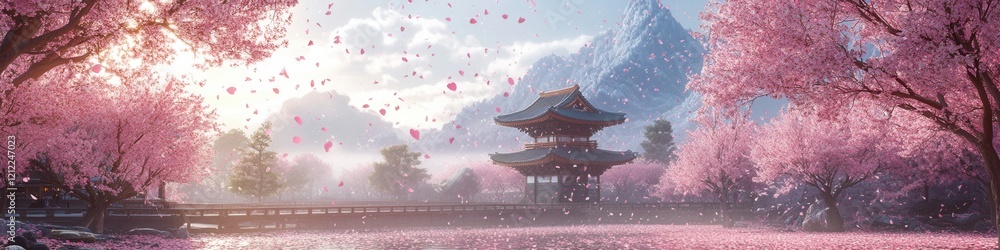 Obraz premium Cherry Blossom Serenity, enchanting Kyoto temples surrounded by a flurry of pink petals, tranquil gardens in full bloom, magical atmosphere