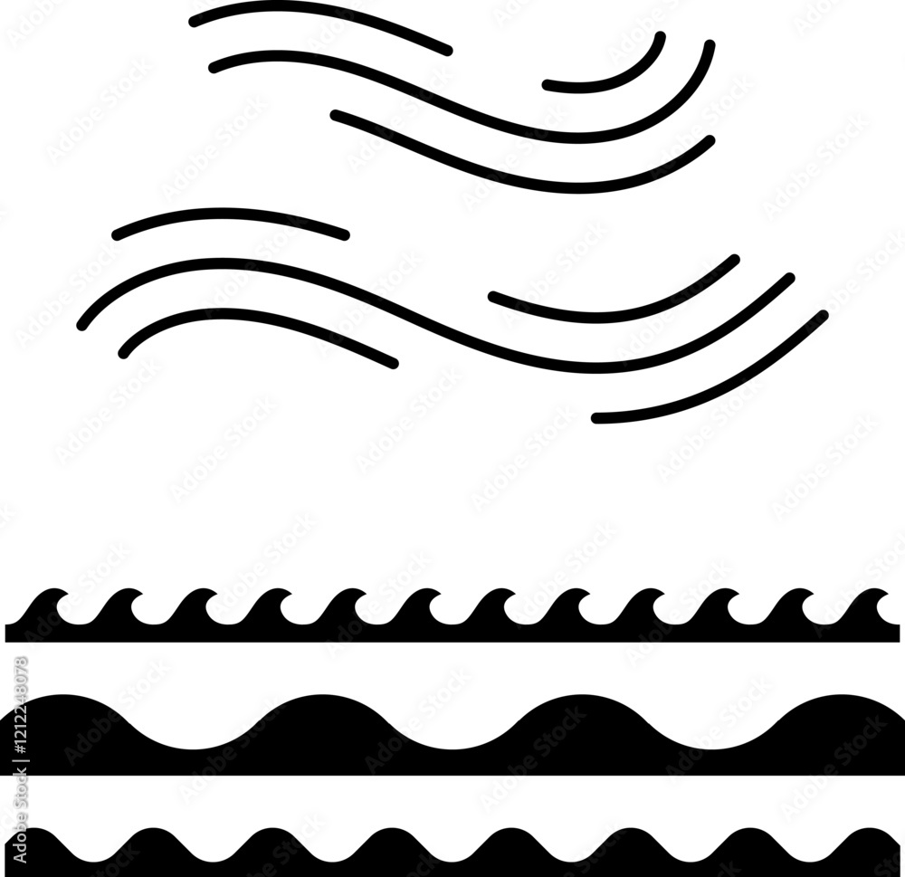 Water line wave ornament collection for print, UI or app web design. Seamless vector marine wave decoration pattern isolated on white background. Ocean, sea waves flat Trendy Simple lines icons symbol Water line wave ornament collection for print, UI or app web design. Seamless vector marine wave decoration pattern isolated on white background. Ocean, sea waves flat Trendy Simple lines icons symbol