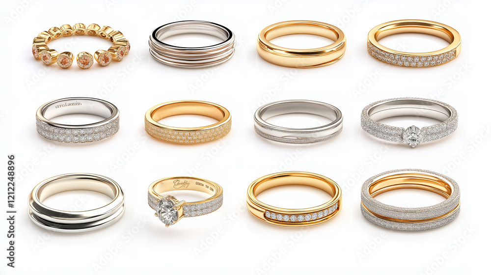 Set of woman golden and silver rings bands isolated on white background Set of woman golden and silver rings bands isolated on white background