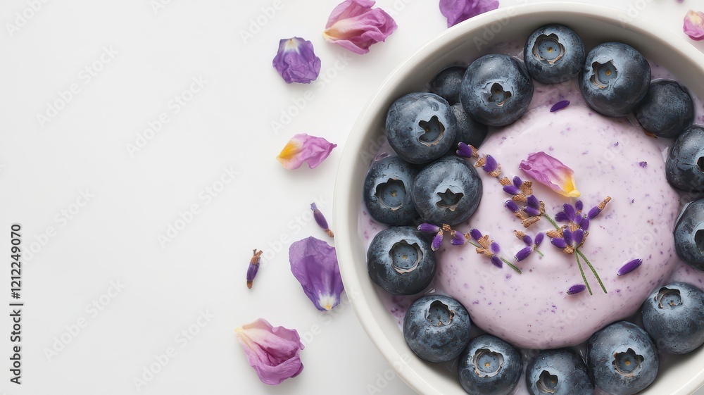 Healthy smoothie bowl topped with blueberries and edible flowers. Healthy breakfast bowl recipe. Healthy smoothie bowl topped with blueberries and edible flowers. Healthy breakfast bowl recipe.