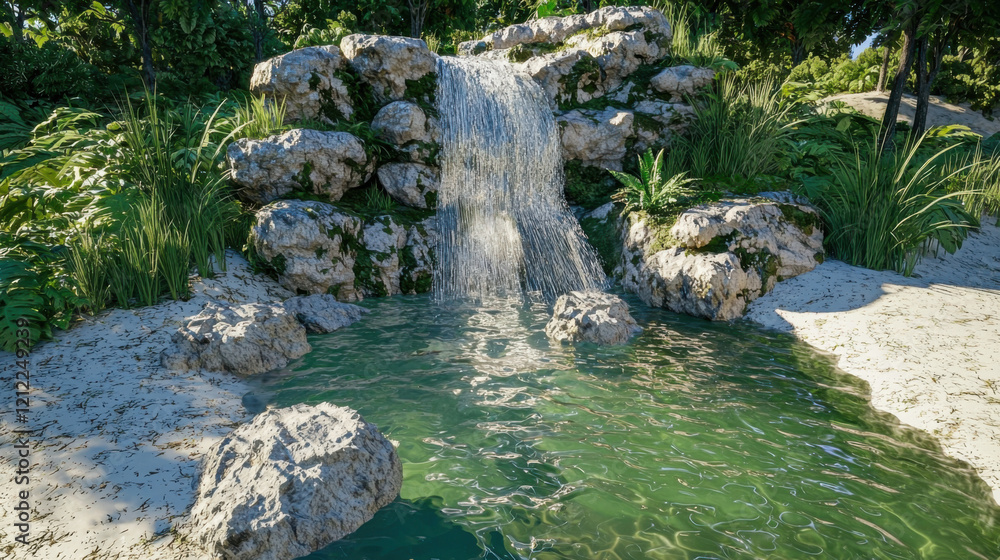 Serene Waterfall Cascading into a Clear Pool Below