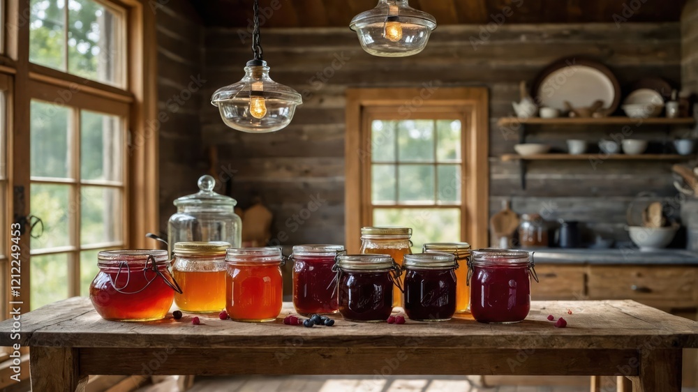A rustic kitchen featuring jars of colorful homemade jams on a wooden table. A rustic kitchen featuring jars of colorful homemade jams on a wooden table.