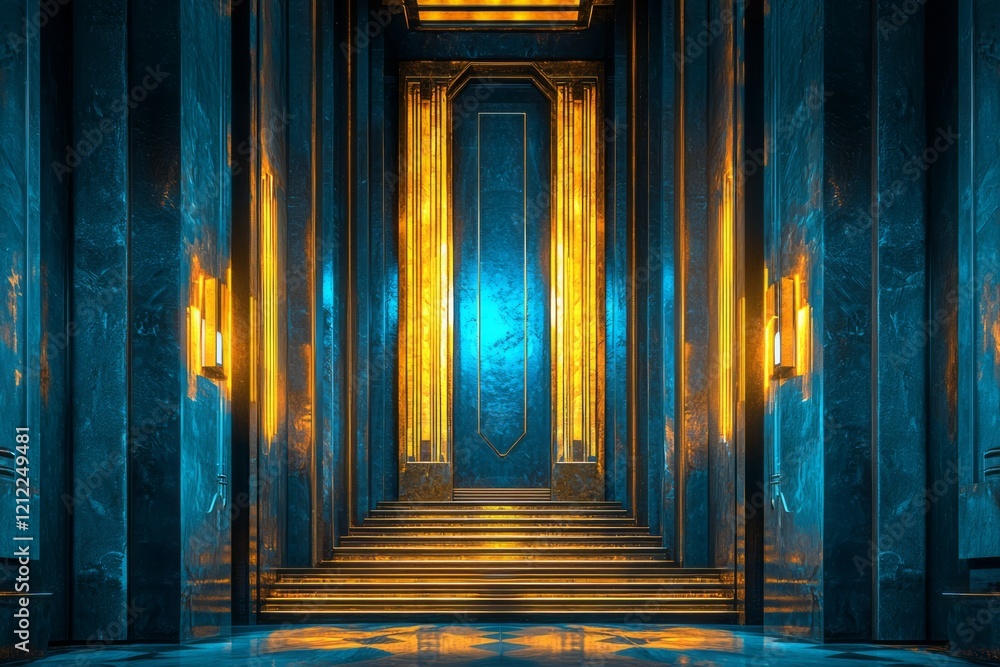 Obraz premium Illuminated Marble Hallway with Golden Accents and Stairs