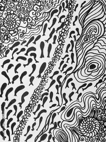 School of fish, abstract drawing in black pen and ink