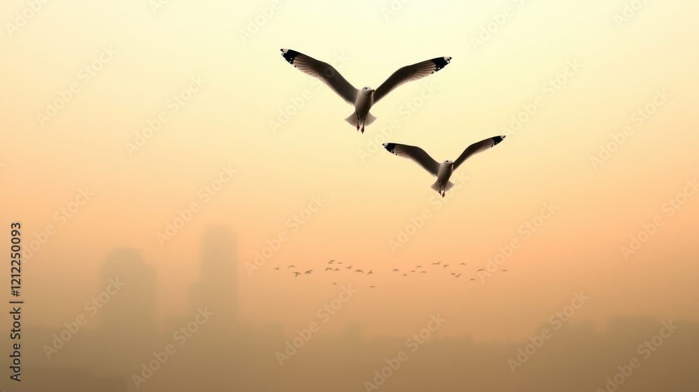 Fog in Nature Themed, Flock of seagulls flying over foggy cityscape at sunrise, creating serene atmosphere Fog in Nature Themed, Flock of seagulls flying over foggy cityscape at sunrise, creating serene atmosphere