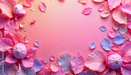 Delicate floral arrangement with pink petals and leaves on a soft gradient background