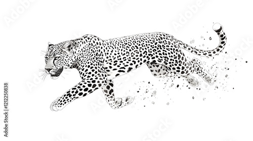 Leopard running at full speed black and white illustration isolated on white background	