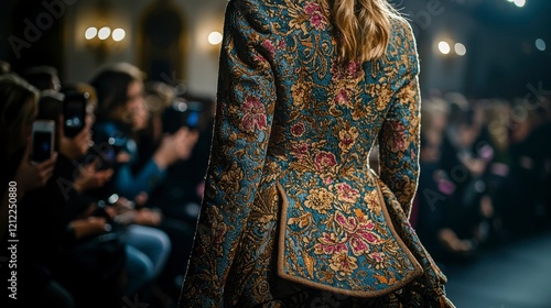 A dynamic shot of a fashion show, with models in diverse, bold outfits walking the runway, while cameras flash and the audience eagerly watches the latest trends unfold.