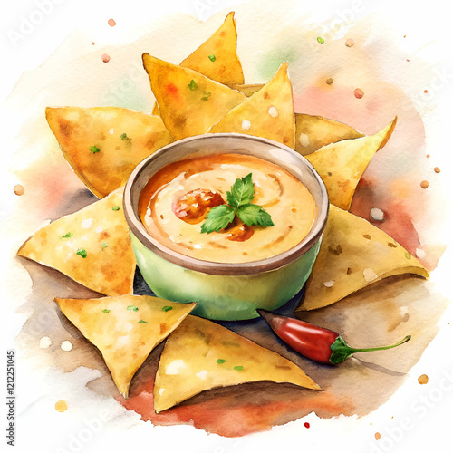 Watercolor Painting of Nachos with Cheese Dip and Chili Pepper