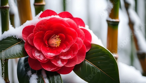  椿のディテールを重視_「雪をかぶった竹の茎を背景に咲く鮮やかな赤い椿の花のクローズアップ。緑、白、赤のコントラストが調和のとれたパレットを作り出しています。」 photo