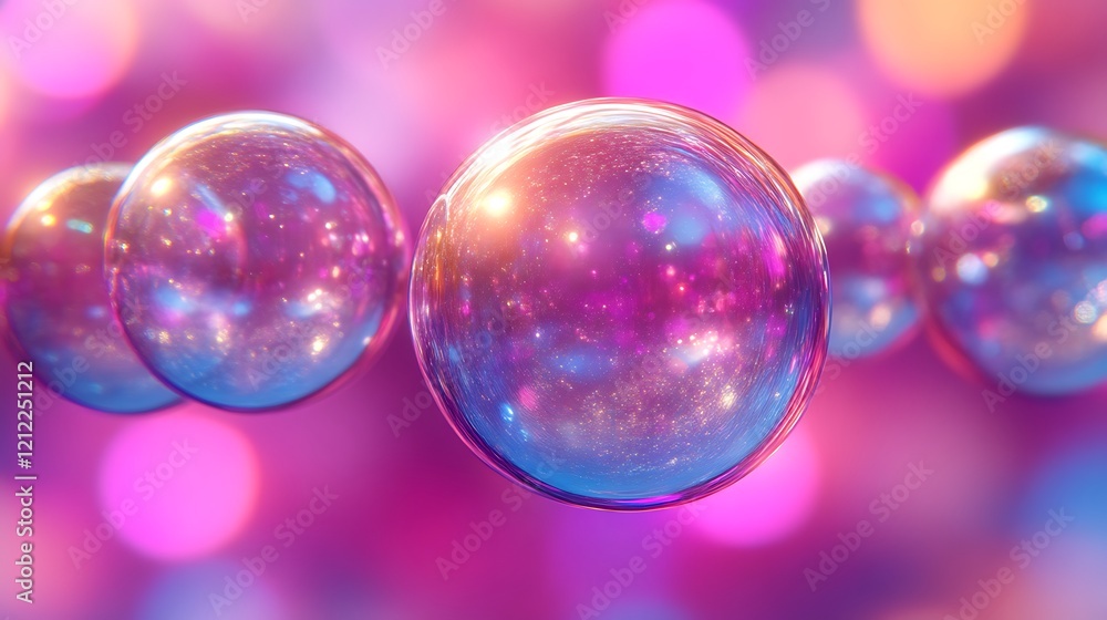 Iridescent spheres float in a pink and purple background Iridescent spheres float in a pink and purple background