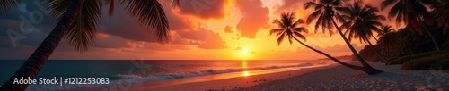 Palm trees line a serene sandy beach at sunset with a film grain effect, tropical, sunset, sandy