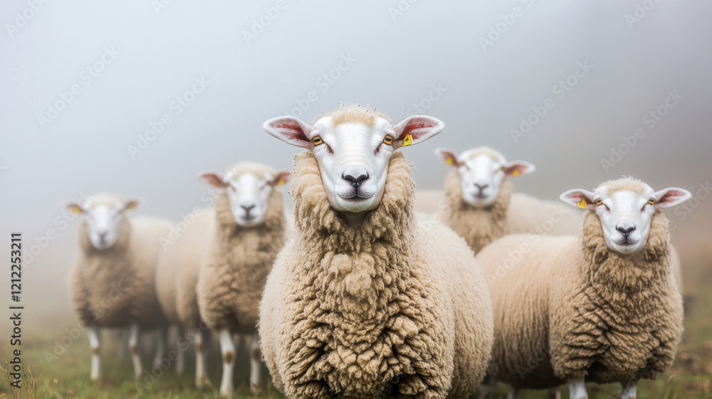 Obraz premium Fog in Nature Themed, Flock of sheep standing together in foggy pasture, creating serene atmosphere