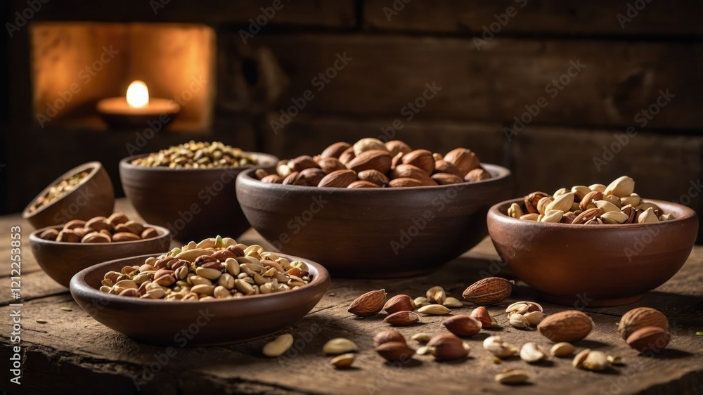 A rustic display of various nuts in bowls, emphasizing natural food presentation. A rustic display of various nuts in bowls, emphasizing natural food presentation.