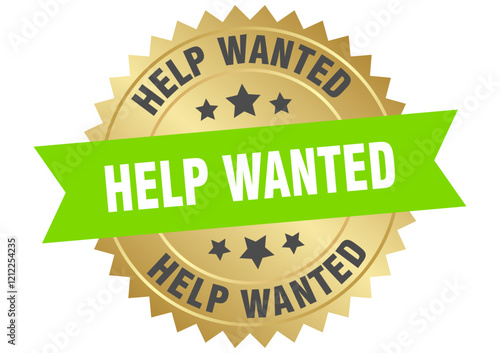 help wanted. help wanted round green and gold label isolated on transparent background