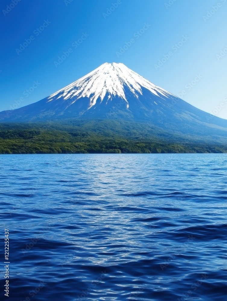 Fototapeta premium A stunning view of a snow-capped mountain towering over a serene blue lake, under a clear sky.