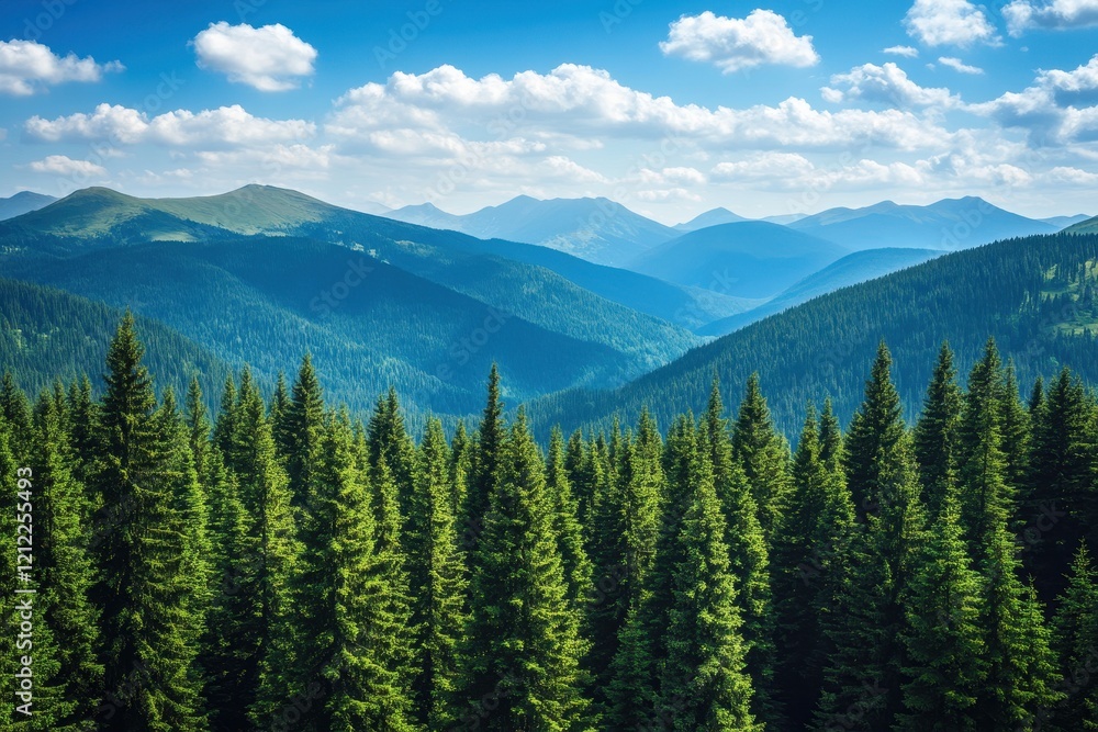 Majestic mountain range panorama, evergreen forest foreground, sunny day, travel postcard Majestic mountain range panorama, evergreen forest foreground, sunny day, travel postcard