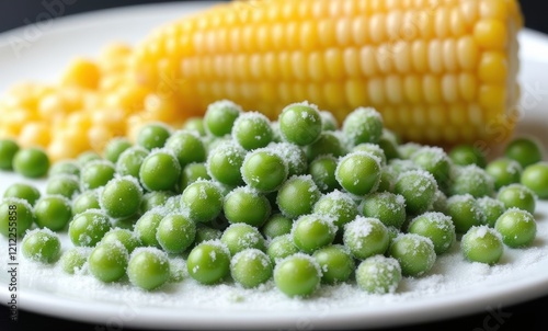 Fresh green peas and sweet corn photo