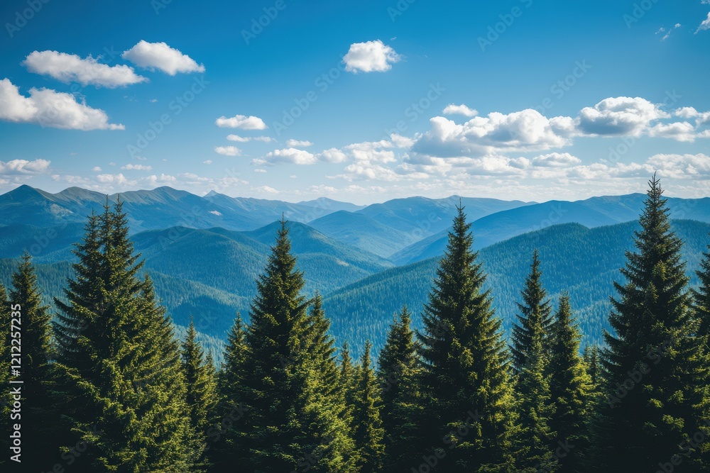 Mountain range scenic view, coniferous forest, summer day, background clouds, travel poster Mountain range scenic view, coniferous forest, summer day, background clouds, travel poster