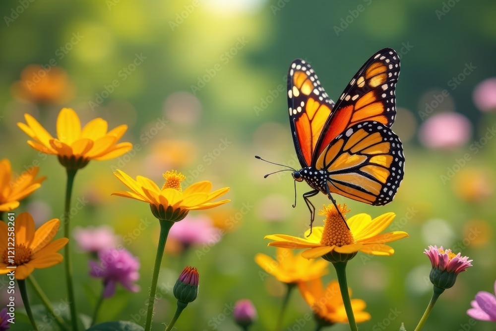 Vibrant monarch butterflies on blooming wildflowers, sunlit meadow , delicate, outdoor Vibrant monarch butterflies on blooming wildflowers, sunlit meadow , delicate, outdoor