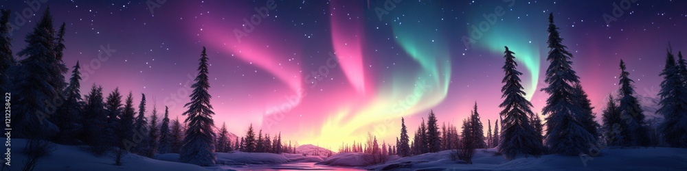 Fototapeta premium Enchanting Arctic Aurora, vibrant Northern Lights illuminate snowy landscapes, silhouetted trees beneath a celestial display, magical winter wonderland