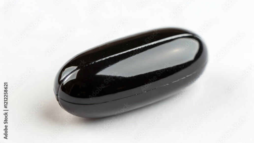 Single glossy black gel capsule on a white background Single glossy black gel capsule on a white background