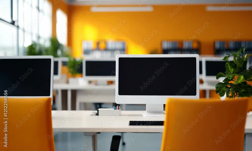 A bright and modern office space with orange walls, equipped with desktop computers and orange chairs, complemented by greenery. A bright and modern office space with orange walls, equipped with desktop computers and orange chairs, complemented by greenery.