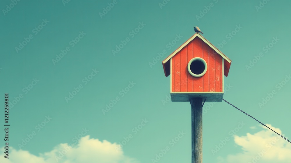 Minimalist Birdhouse on Pole, A low poly design showcasing a simple birdhouse perched atop a slender pole against a clean backdrop. Minimalist Birdhouse on Pole, A low poly design showcasing a simple birdhouse perched atop a slender pole against a clean backdrop.