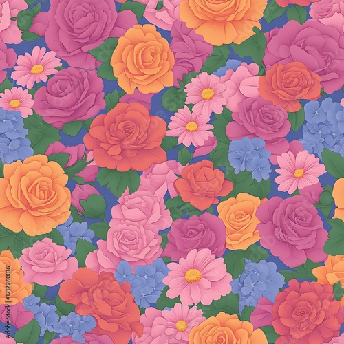 A vibrant floral pattern featuring beautiful roses in shades of pink and orange against a soft blue background photo