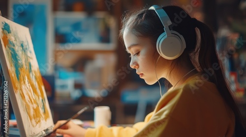 Young girl painting on canvas while listening to music with headphones.