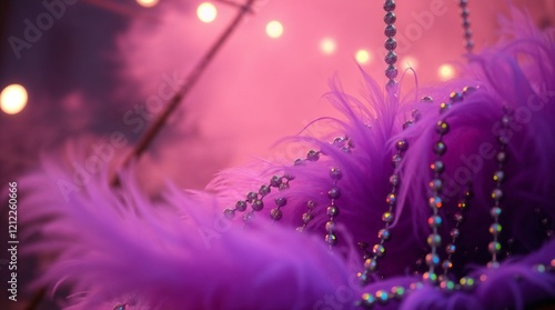 Purple Feathers and Beads Against a Soft Pink Background for Mardi Gras Festivities photo