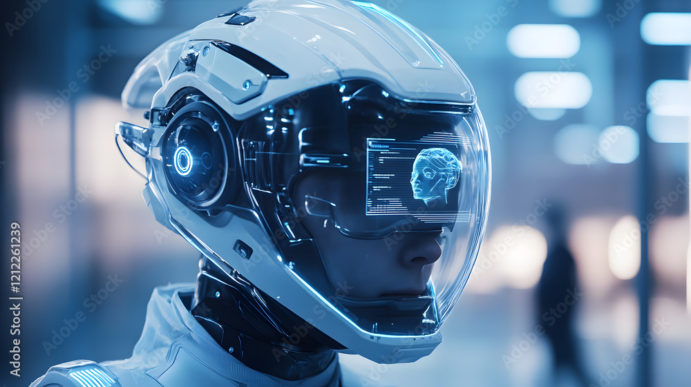 helmet with a built-in screen displaying facial recognition in action helmet with a built-in screen displaying facial recognition in action