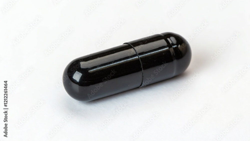 One black pill on a white background One black pill on a white background