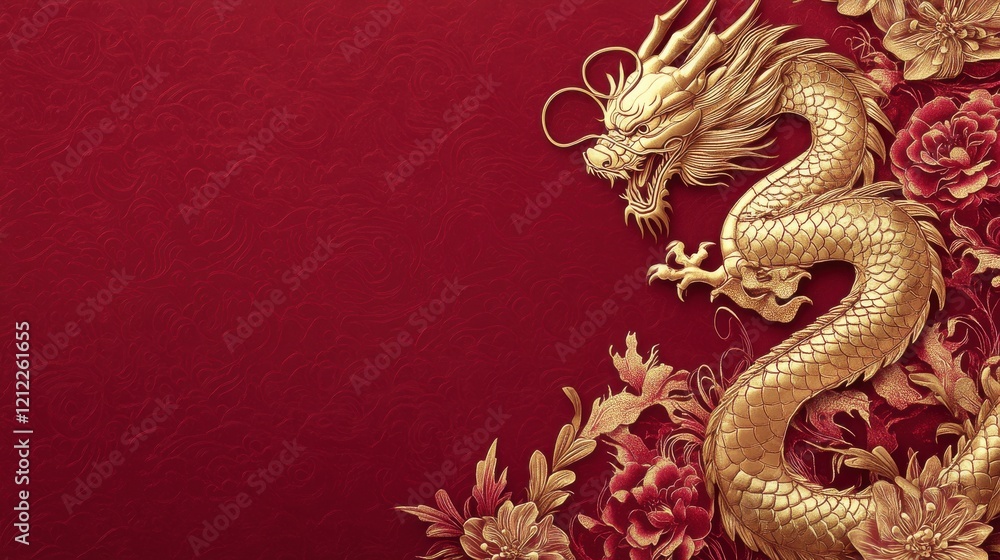 Obraz premium Majestic Golden Dragon Emblem, Traditional Chinese Art, Graphic Design, Rich Red Background, Close-Up View, Cultural Significance
