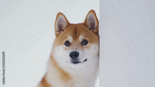 A playful pet peeking over a clean white surface with an adorable expression photo