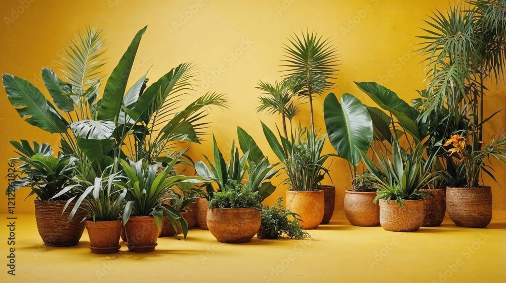 Fototapeta premium lush green indoor plants in terracotta and woven pots pops against a bold yellow wall, creating a stylish and refreshing indoor garden display